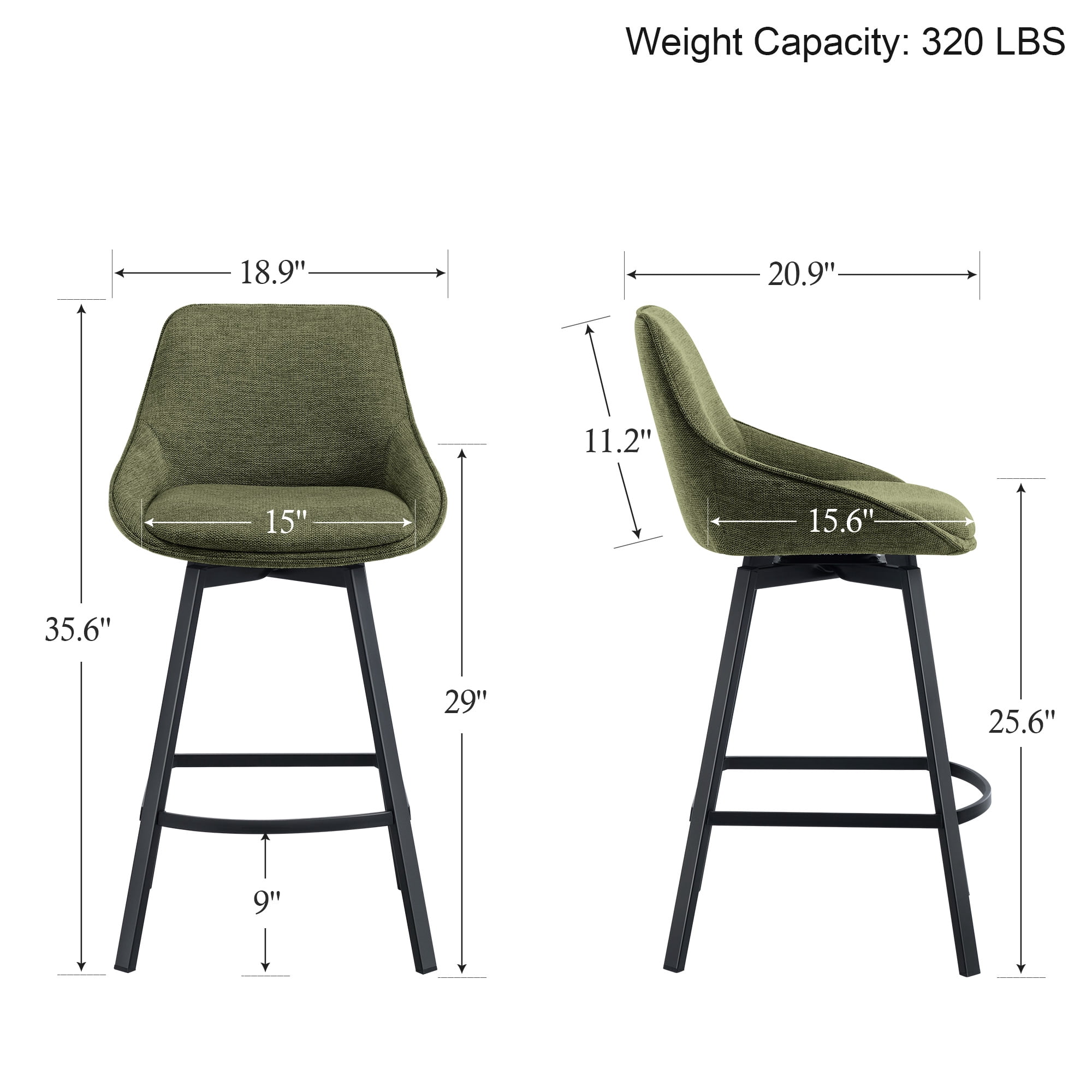 Zesthouse 25.6" Swivel Counter Height Bar Stools Set of 2, Modern Counter Height Chairs with Backs and Metal Legs, Upholstered Linen Barstools for Kitchen Island, Green