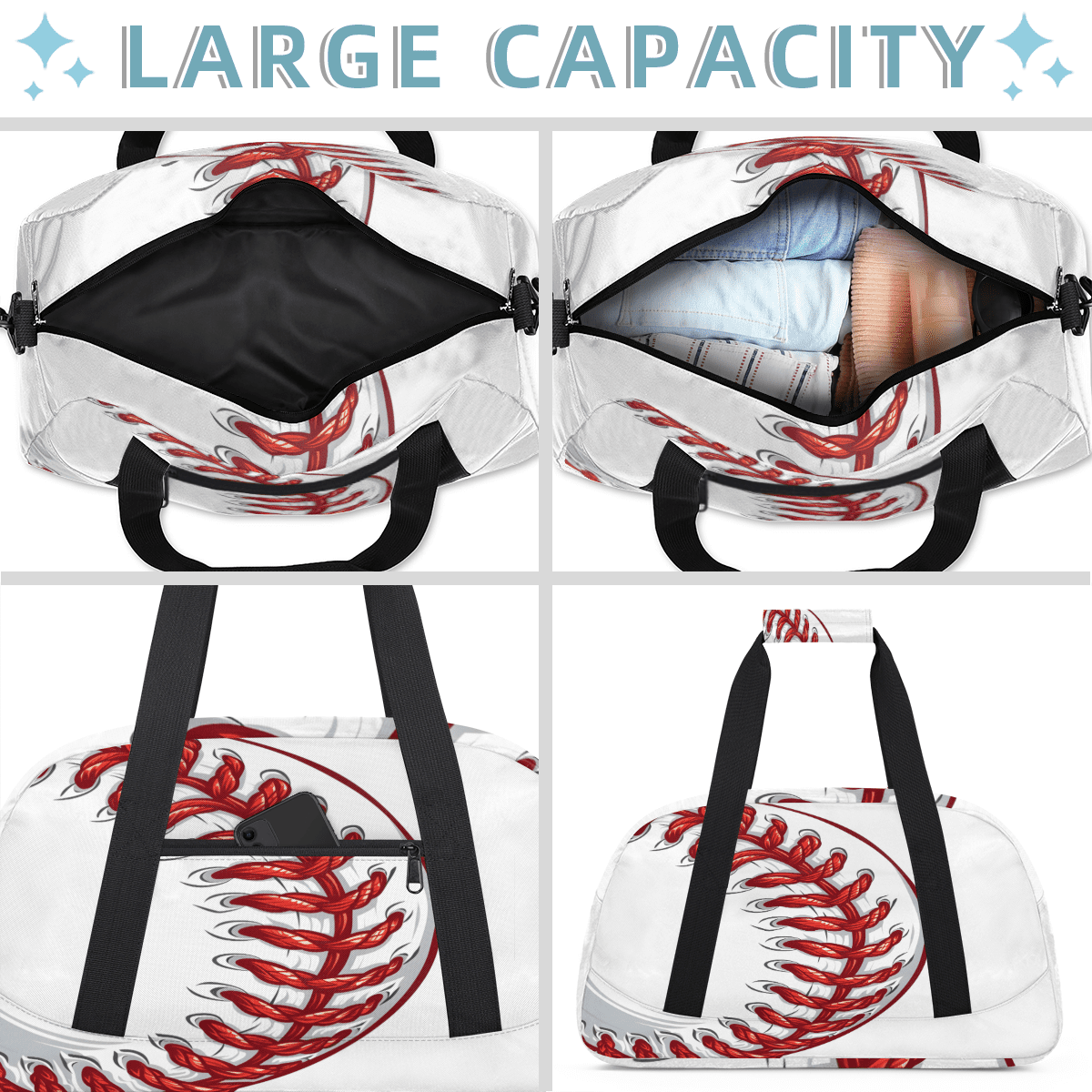 Herdesigns Baseball Sports Duffle Bag for Women & Men, Red Ball Sports Gym Bag Dance Bag Overnight Bag Carry On Weekender Travel Bag