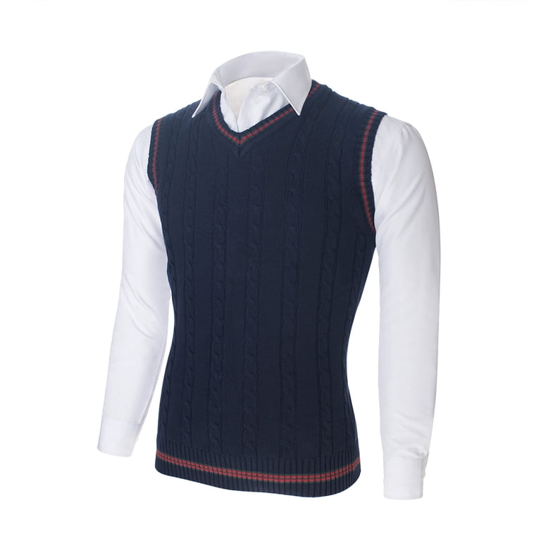 Toptie Men's 100% Cotton Knit Sweater Vest, V Neck Cable Pattern