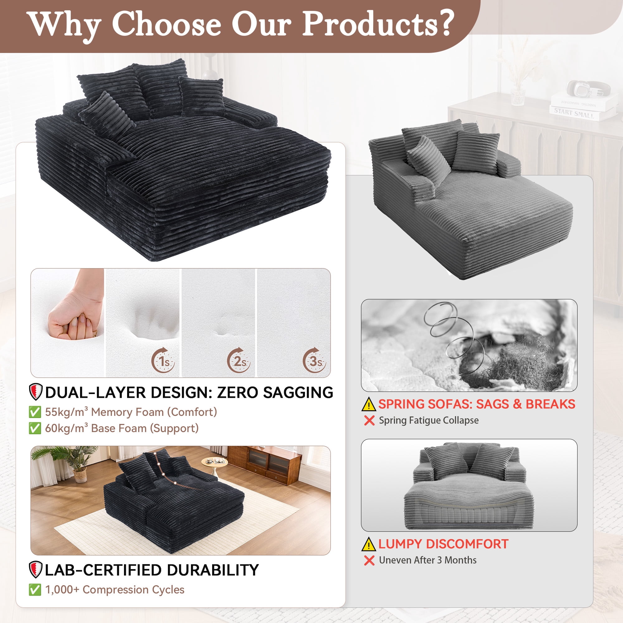 Modern Corduroy Oversized Chaise Lounge Chair, 66"Double Daybed Sofa Sleeper with 4 Pillows, No Assembly Cloud Couch for Living Room, Dark Gray