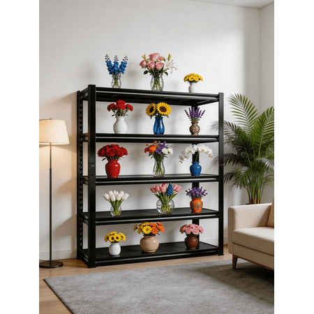 5 Tier Pot Pan Rack Adjustable Heavy Duty Pot and Pan Organier Storage Shelf Heat Resistant 36"W x 78"H Black Metal Shelf with Storage 3000LBS Racks for Frying Pan Kitchen Pantry Dinning Room