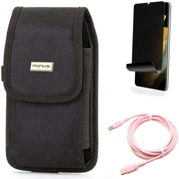 Case Belt Clip & Pink 10ft Long Cable & Privacy Screen Protector for Samsung Galaxy S21 Ultra Phone - Swivel Holster & USB-C to Type-C PD Fast Charger & TPU Film Fingerprint Works Accessory Bundle