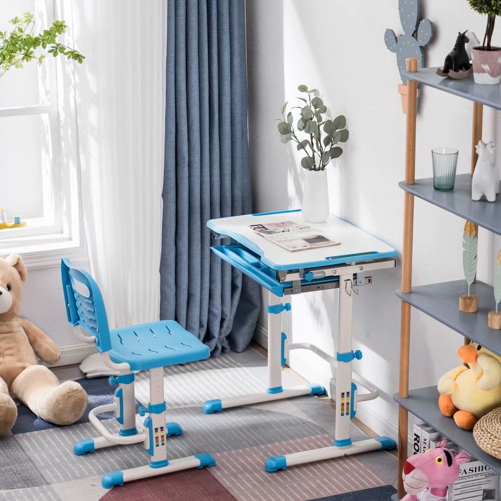 Kids Desk and Chair Set,Height Adjustable Children Study Table PullOut Drawer Storage