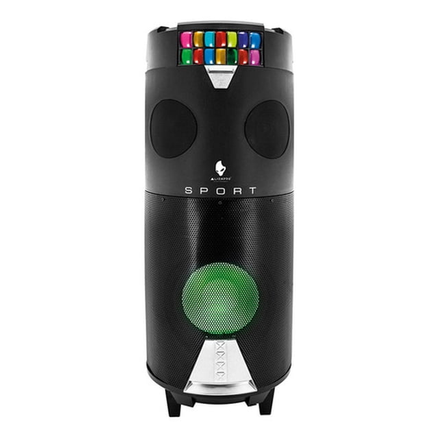 bocina duo alien pro 8" | sistema de audio | 2 subwoofer - 4 tweeter | 100w rms | recargable | bluetooth | mt2-s002 vista frontal de bocina vertical negra con dos subwoofers de 8" (woofer inferior visible), cuatro tweeters en la sección superior con botones LED de colores, rejilla frontal perforada y iluminación LED verde en el woofer; logo Alien Pro y controles integrados; reproducción USB/TF/Bluetooth/FM y entradas para micrófono y guitarra, diseño portátil recargable.