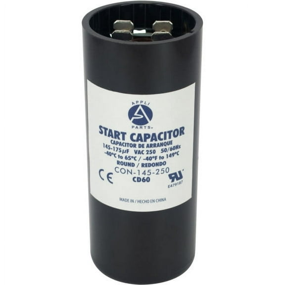 Appli Parts motor start capacitor 145-175 Mfd (microfarads) uF 250 VAC universal fit for electric motor applications 1-7/16 in Wide 3-3/8 in Height CON-145-250