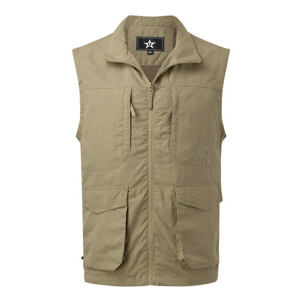 Mens Vest Adult Male Cropped T Shirts for Men Mens Casual Sports Vest Multi  Pocket Fishing Vest Solid Color Zipper Cardigan Fishing Clothes(Khaki,4XL)