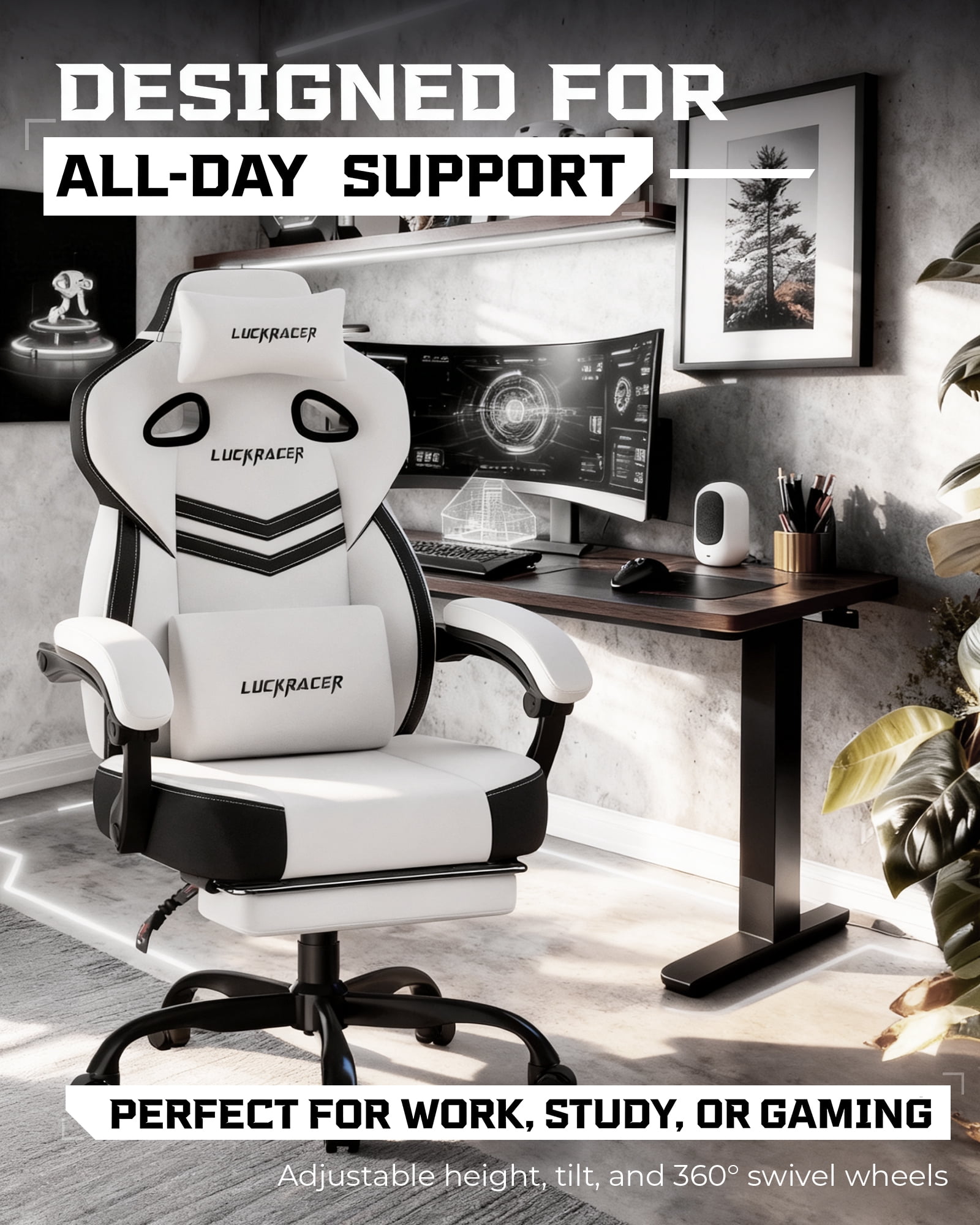 LUCKRACING Fabric PC Gaming Chair with Footrest and Lumbar Support, White