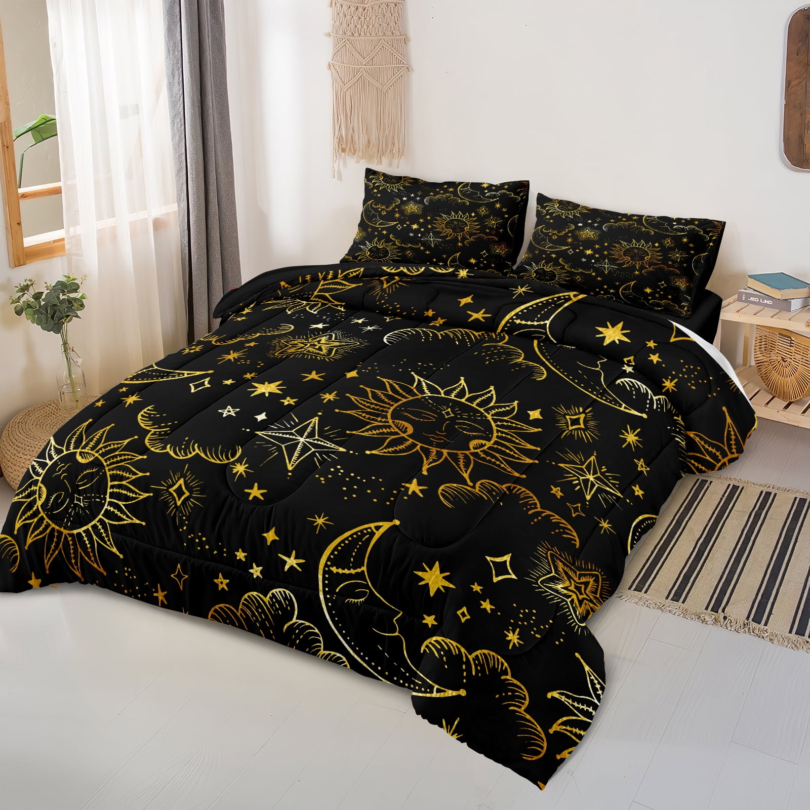 Move Over Black Gold Comforter Set King 4 Pieces Soft Microfiber Universe Comforter Galaxy Bedding Set for Bedroom