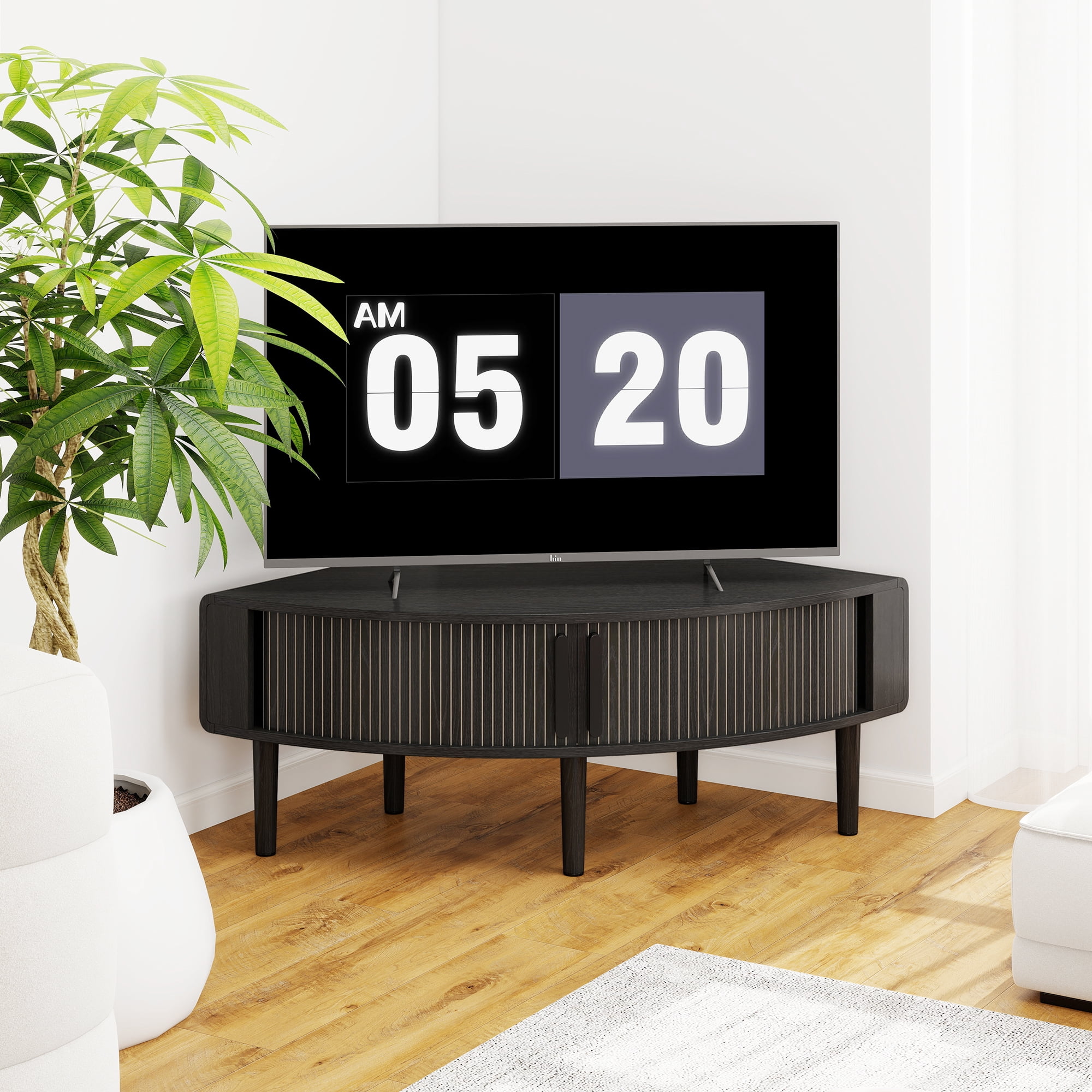 Corner TV Stand for 40 inch TV, Curved Corner Entertainment Center with Storage, Mid-Century Modern Media Console with Sliding Doors,for Living Room, Bedroom, Apartment, Black