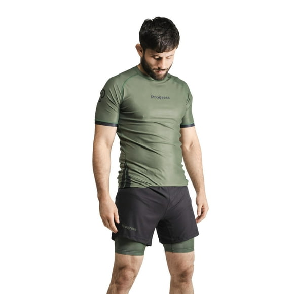 Progress Jiu Jitsu Academy+ Short SleeveRashguard | Flexible and Durable BJJ Rash Guard | Moisture-Wicking Compression Tops for Men and Women | 80% Polyester/20% Spandex (L, Khaki)