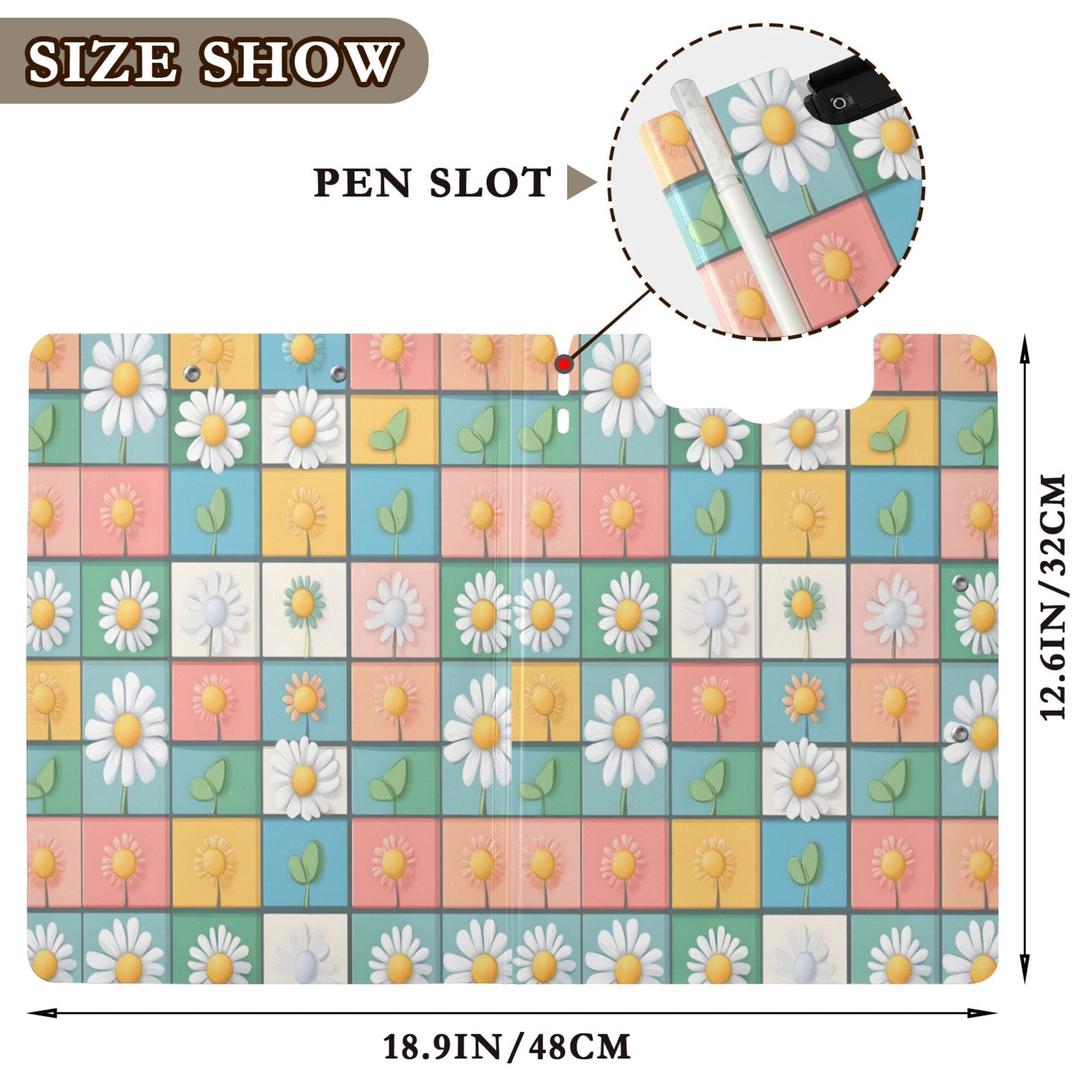FORMRS A4 Clipboard Folder with Pen Holder Horizontal Foldable School Office Binder, Daisy Mosaic