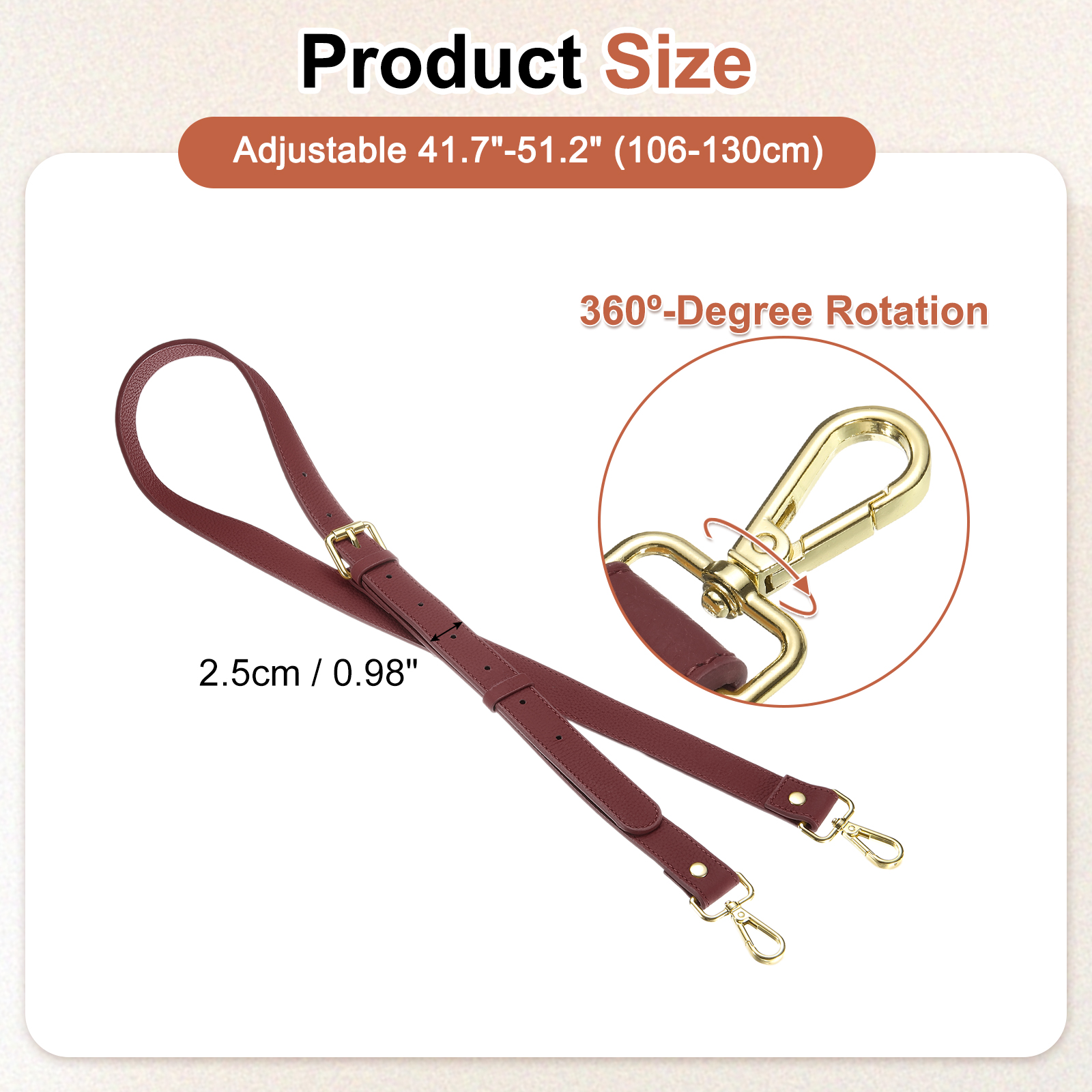 1" Genuine Leather Purse Strap for Bag (Burgundy, Gold Buckle)