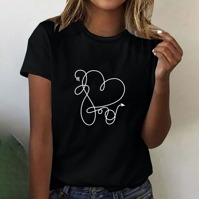 Meichang T-Shirts de la Saint-Valentin pour Femmes, T-Shirts Mignons à Imprimé Cœur, Col Rond Décontracté, Coupe Ample, T-Shirts de Fête à Manches Courtes, Vêtements Mignons
