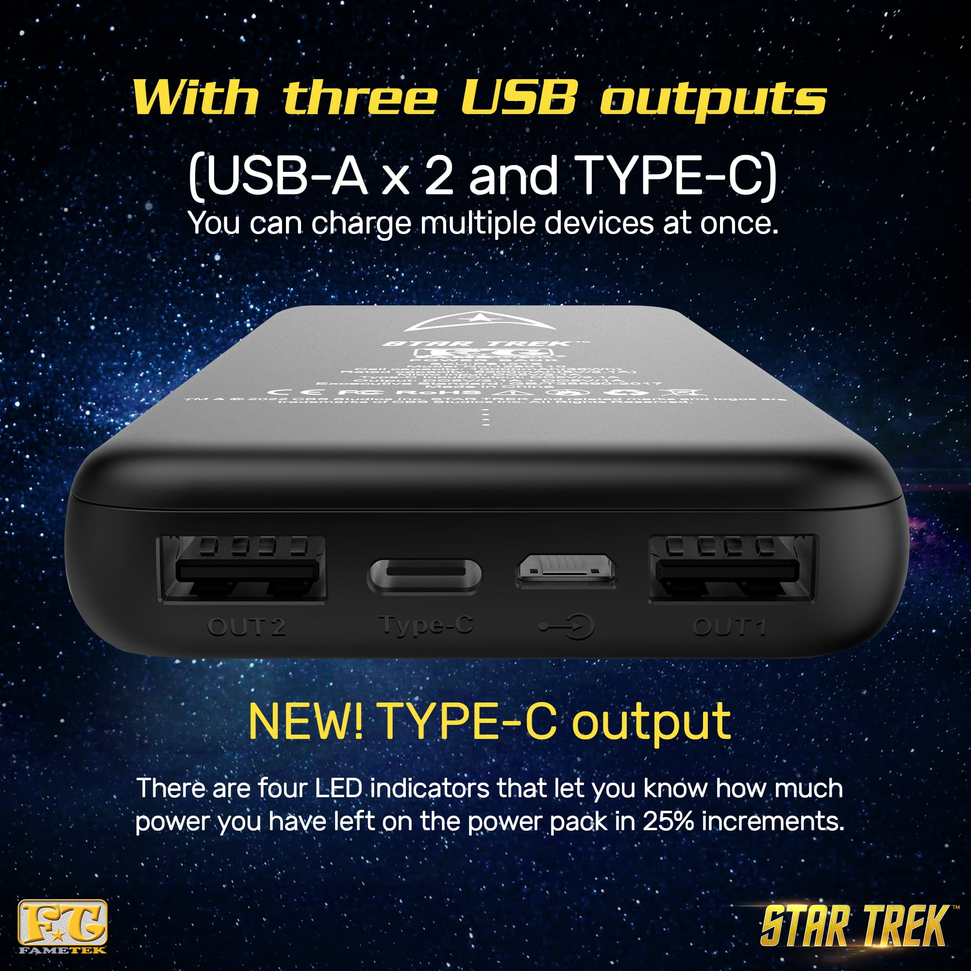 Star Trek Phone Charger | Slim Pocket Sized 10,000mAh Power Bank with TOS Command Logo, 3 USB Outputs, 2.1A & 1A, Charges Three Devices, USB-A and Type-C Charging, Phone and Tablet Backup Battery