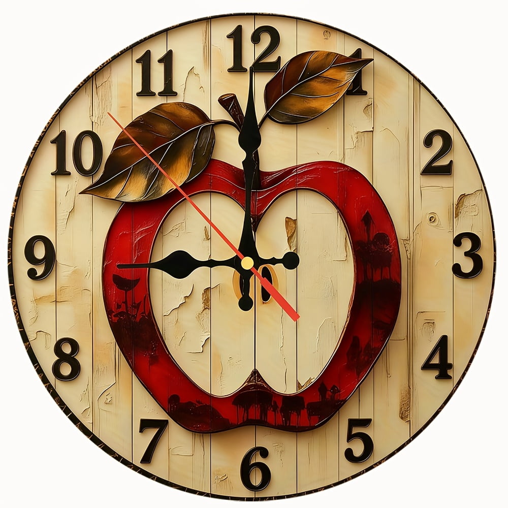 2D Flat Wooden Wall Clock,Vintage Apple Wall Clock, Retro Wooden Plank Style Round Wall Clock,for Kitchen, Farmhouse Home Decor,AA Battery Not Included