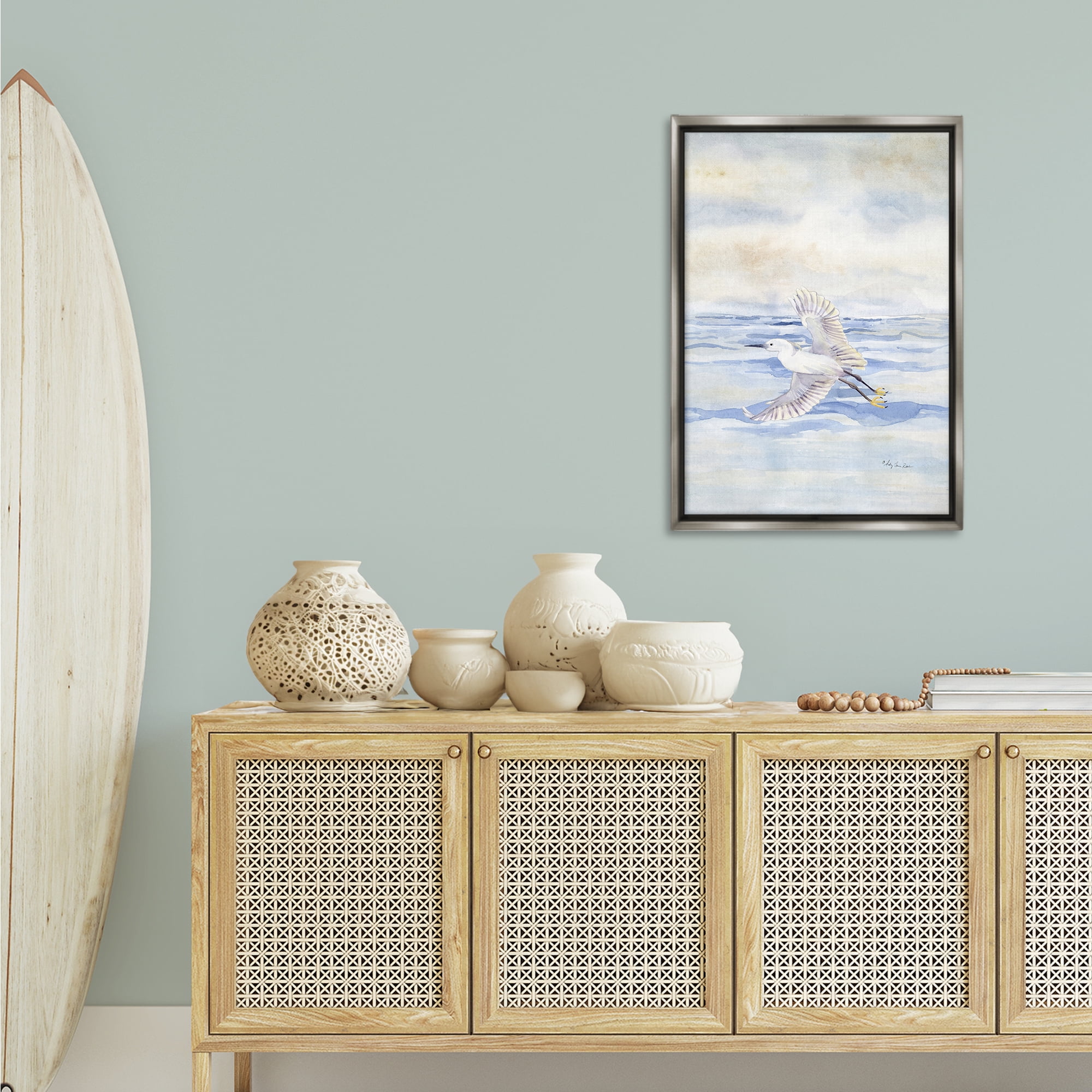 Stupell Industries Flying Heron Over Water Landscape Painting Gray Floater Framed Canvas Art Print Wall Art, 21 x 31