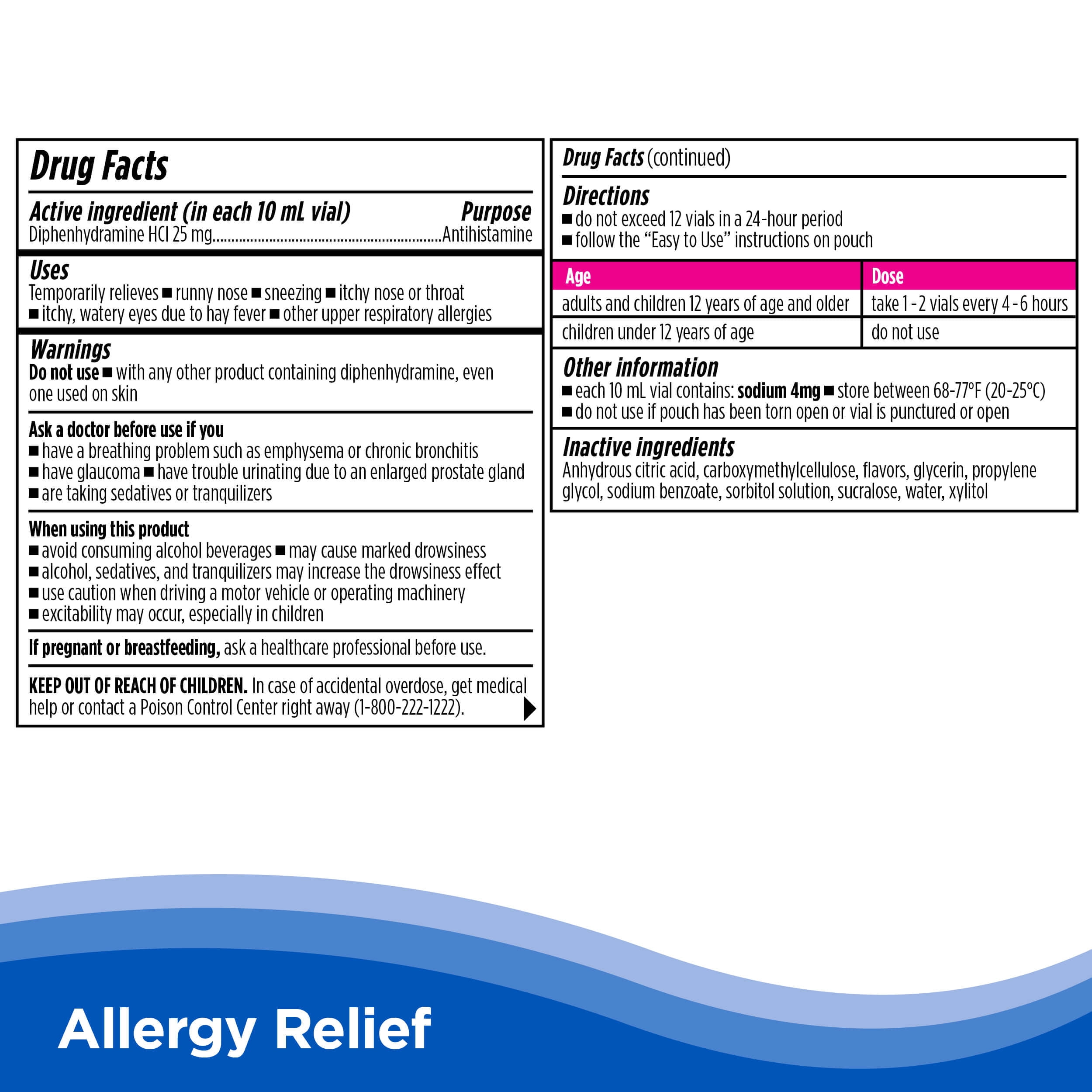CalmCo Allergy Relief, Diphenhydramine 25mg, Mixed Berry Flavor, 18 vials.