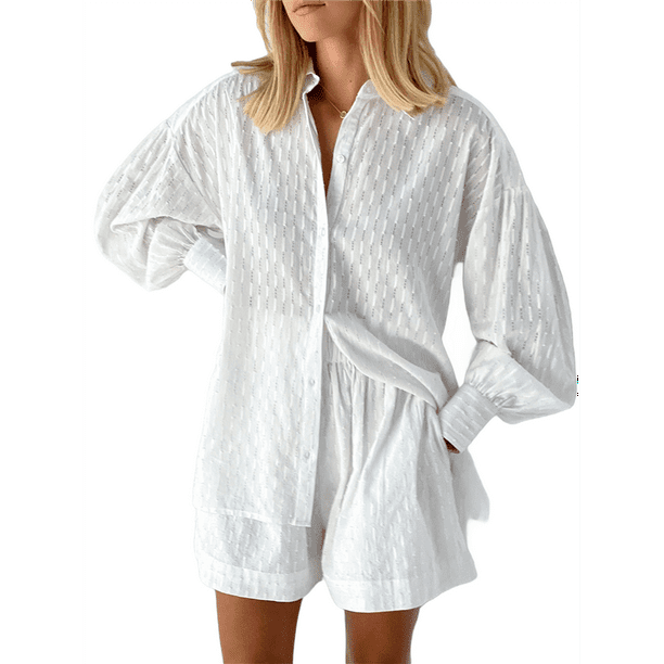 Conjunto de Dos Piezas para Mujer: Blusa Holgada de Larga Abullonada y Pantalones Cortos de Cintura Alta con Bolsillos Laterales. M