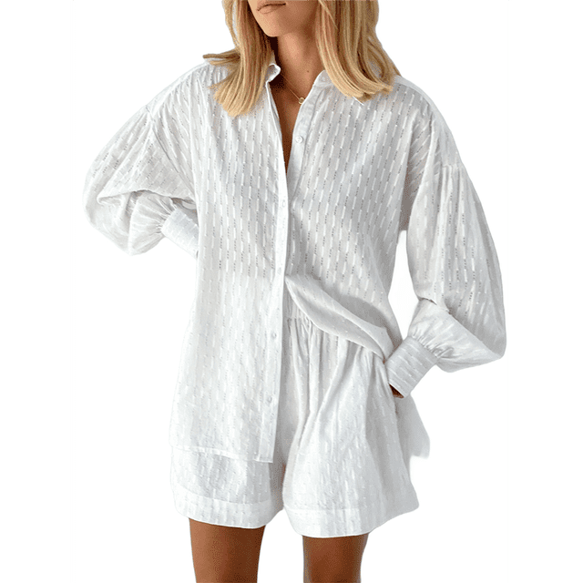 Conjunto de Dos Piezas para Mujer: Blusa Holgada de Larga Abullonada y Pantalones Cortos de Cintura Alta con Bolsillos Laterales. XL