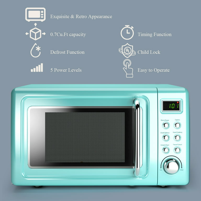 GCP Products GCP-US-568280 Retro Countertop Microwave Oven With Auto Cook &  Reheat, Defrost, Quick Start Functions, Easy Clean With Glass Turntable,  Pul…