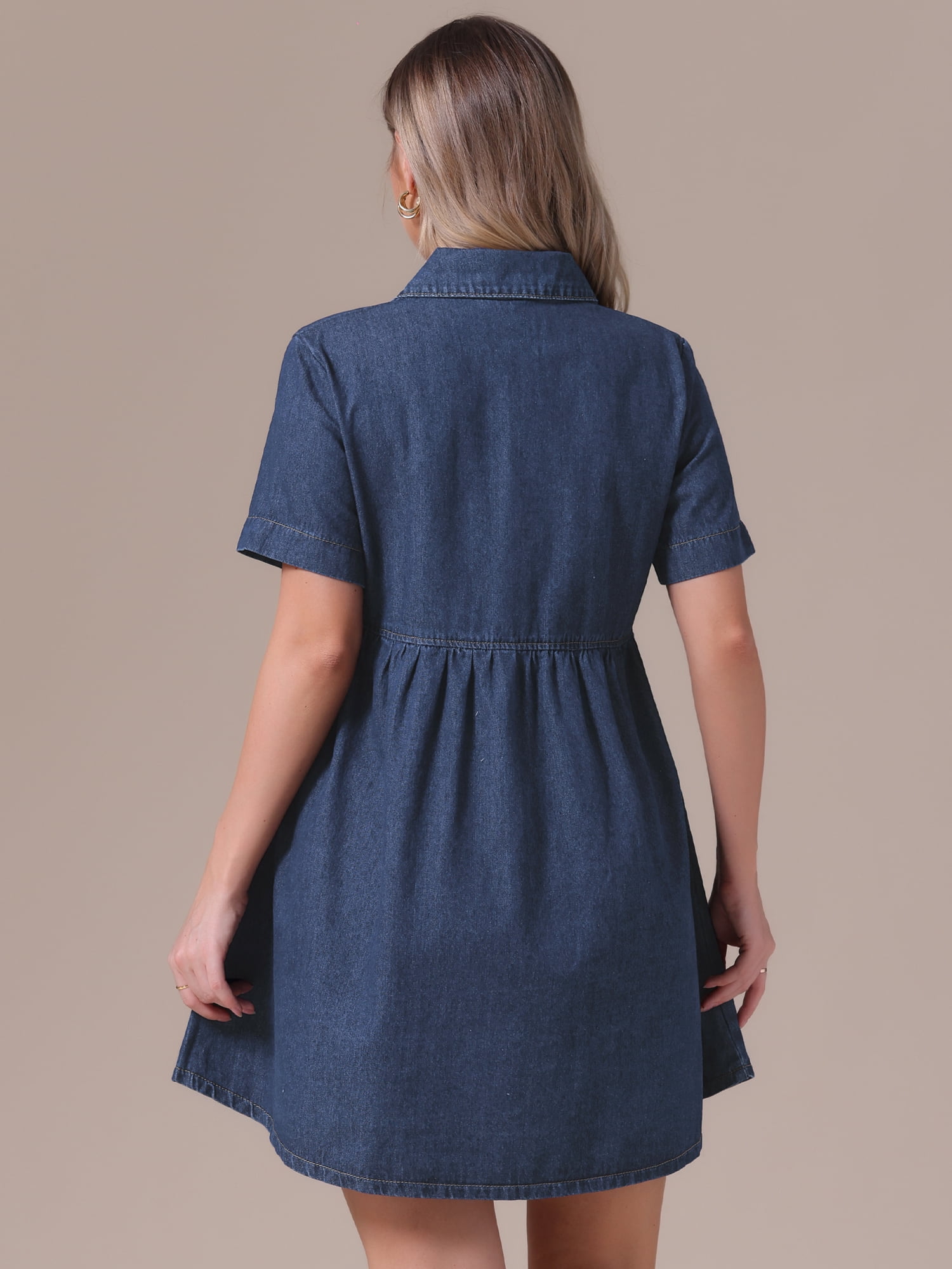 DARING DIVA Women's Denim Babydoll Collared Short Sleeve Button Down Dress XL Deep Blue
