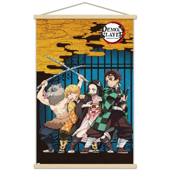 Demon Slayer – Group Art 22.375" x 34" Wall Poster with Beechwood Magnetic Frame, by Trends International