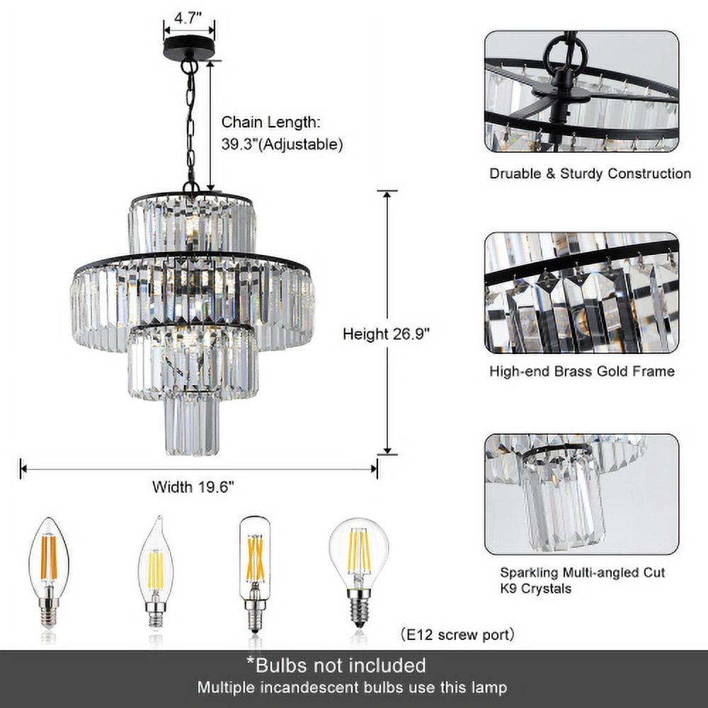ACE-LIGHTS,19.7 Inch Modern Luxury Crystal Chandelier,Hanging Pendant Light Fixture for Living Room,Dining Room,Bedroom(Black)