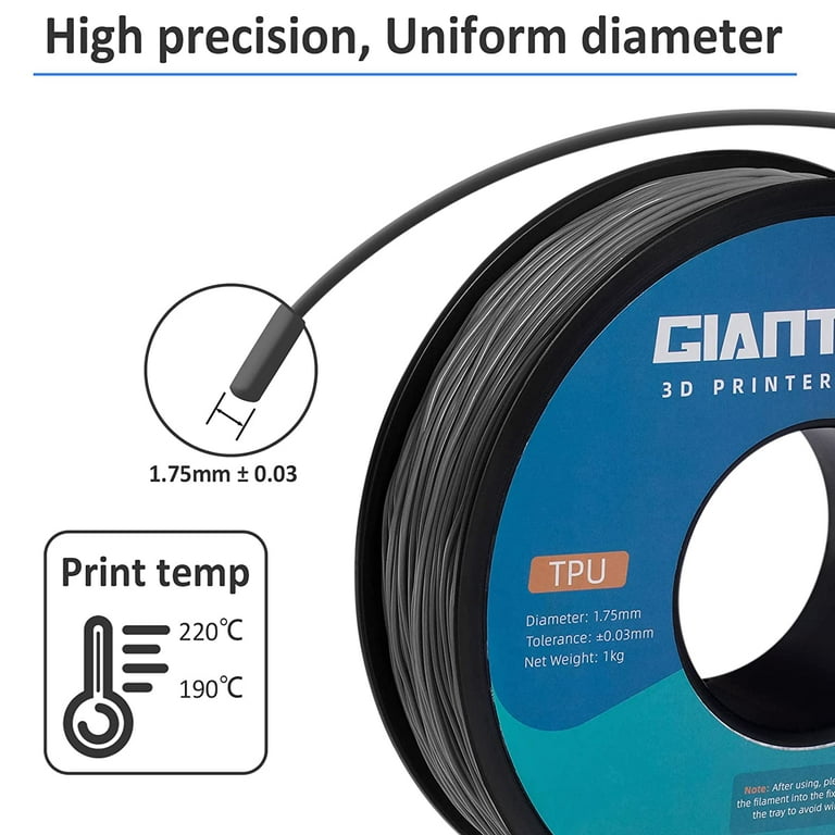 GIANTARM TPU Filament 1.75mm Flexible Soft 3D Printer Consumables Grey,95A  1kg Spool (2.2 lbs.), Dimensional Accuracy +/- 0.05 mm