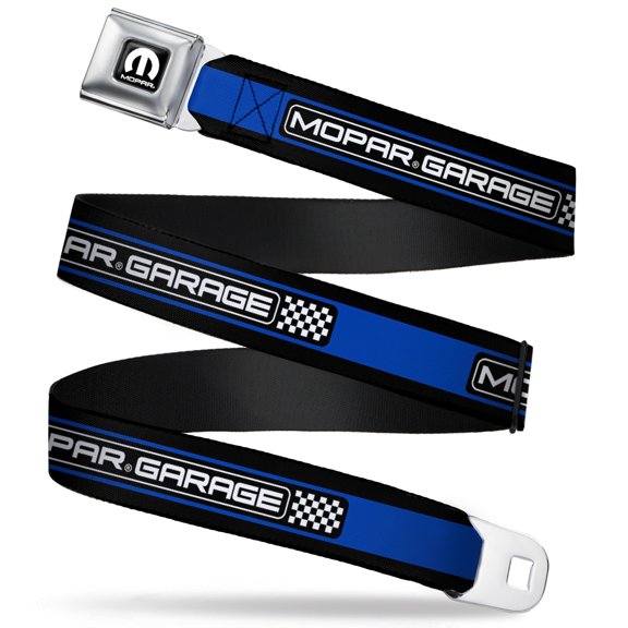 Mopar Belt, Seatbelt Buckle Belt, Mopar Garage Checker Logo Stripe Black Blue White, 30 to 44 Inches