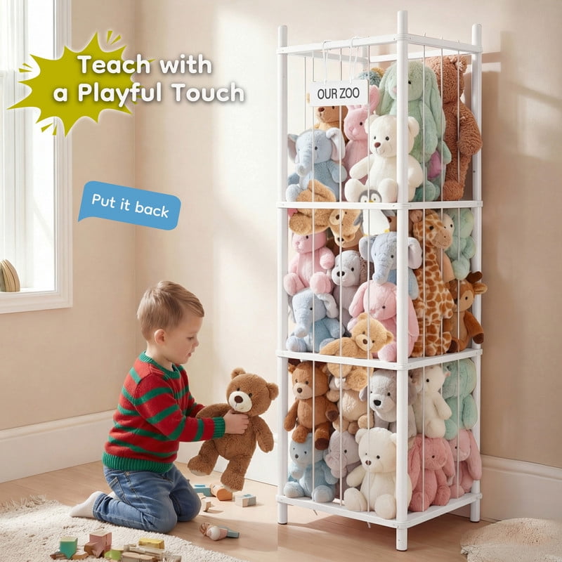 Gianna Stuffed Animal Storage, 54-Inch Plushies Storage, Features Solid Wood Frame & Secure Elastic Nets, Ideal for Toy Organizers in Playroom, Bedroom, or Nursery，White