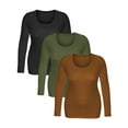 thumbnail image 3 of Women's Junior and Plus Size Basic Scoop Neck Tshirt Long Sleeve Tee, Small, 3Pk Black, Olive, Mustard, 3 of 5