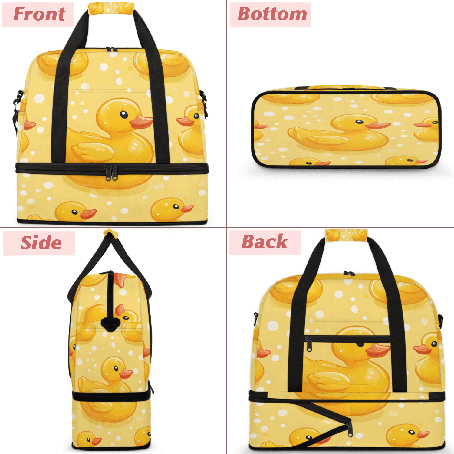 Herdesigns Yellow Duck Foldable Travel Duffel Bag for Women Men, Polka Dots Weekend Overnight Carry On Bags with Shoe Compartment