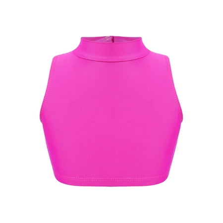 Venjoe Girls Kids Sleeveless Criss Cross Back Mock Neck Crop Top Dance Sports Bra Dancewear Latin Hot Pink 8