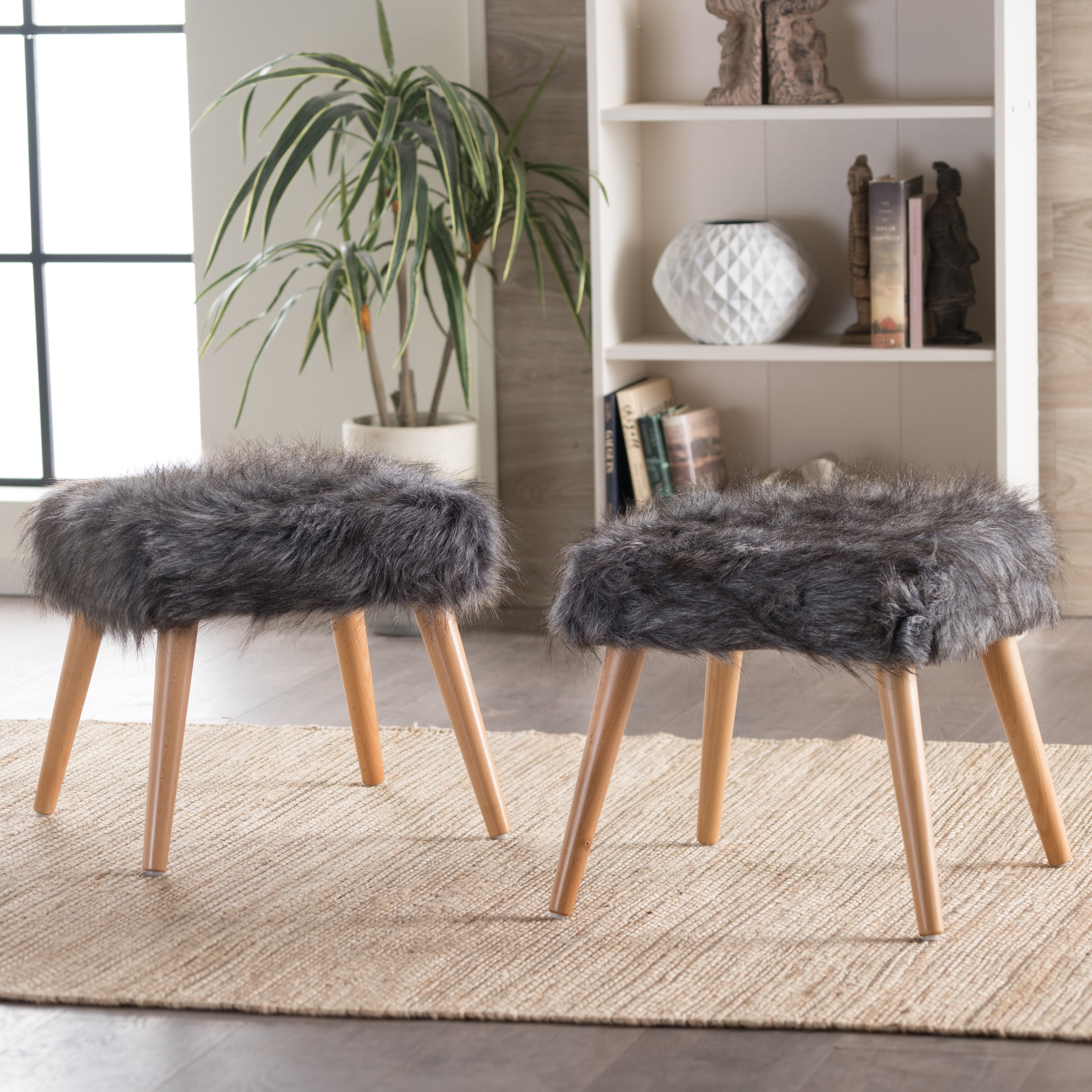 Noble House Harper Faux Fur Ottoman, Gray