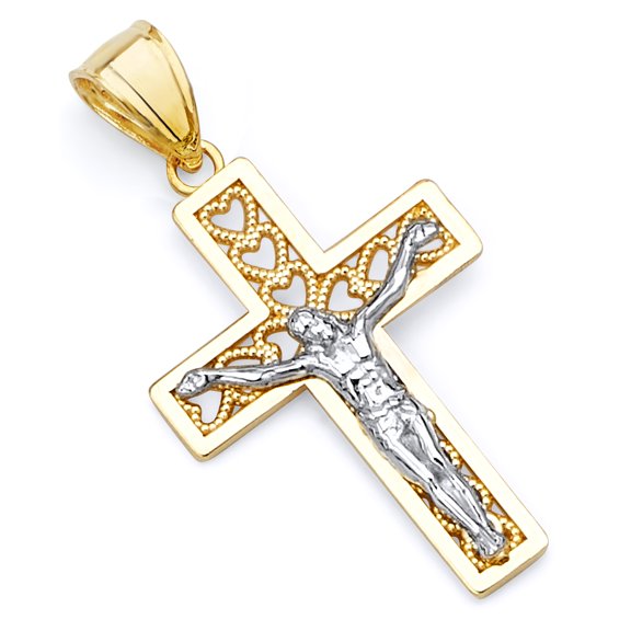 Wellingsale 14K Two 2 Tone White and Yellow Gold Polished Ornate Religious Catholic Latin Crucifix Charm Pendant with Heart Accents