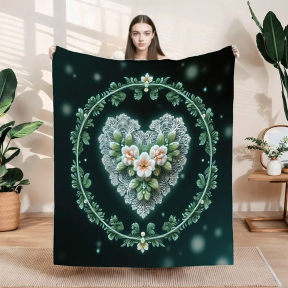 Durable Soft & Warm Flannel Blanket - Cozy Heart - Shaped Design with Floral Wreath Perfect for Sofa Travel Bed & Chair