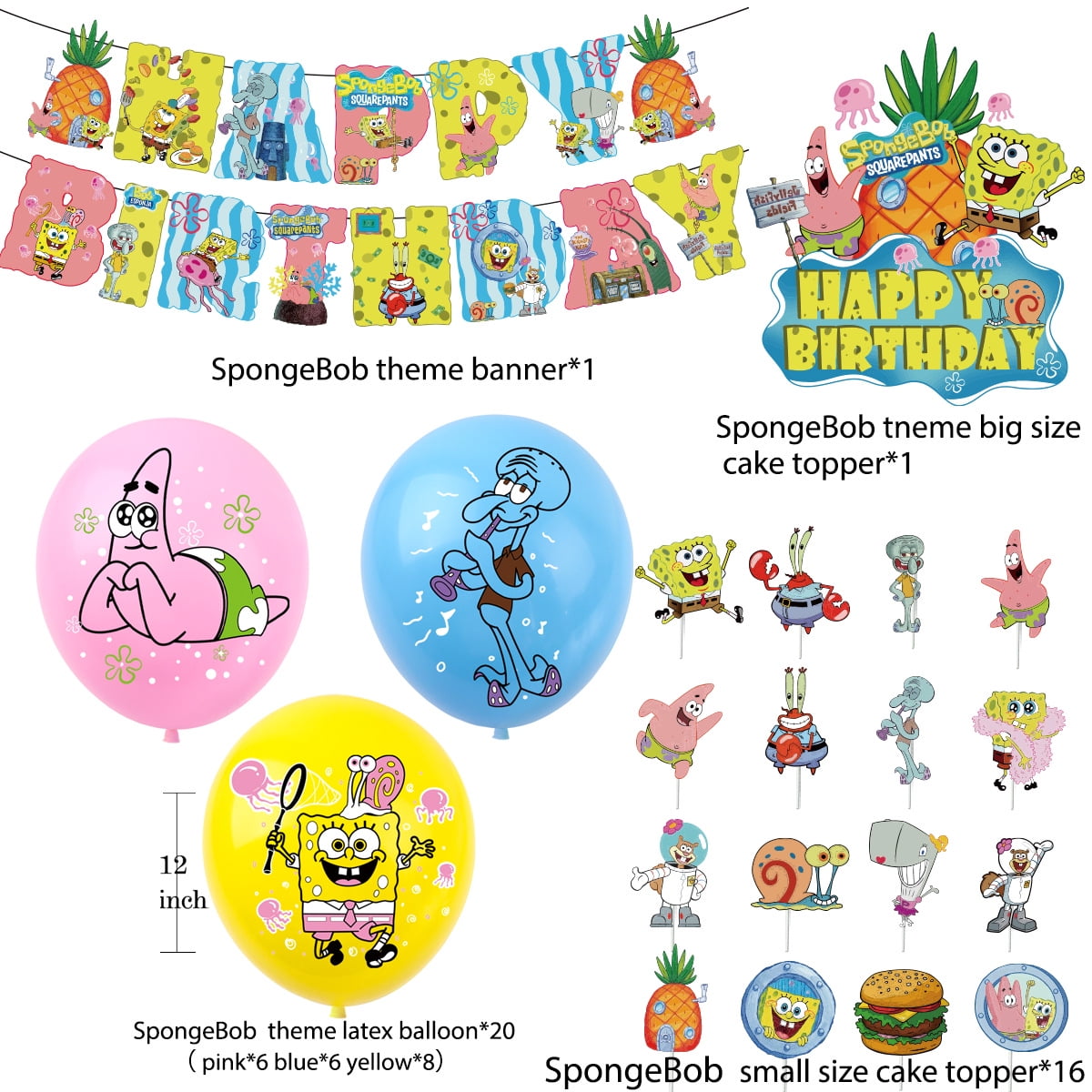 Cartoon Spongebob Birthday Party Supplies - 32pcs/set Birthday Party Favor  With Happy Birthday Banner Cake Topper Cupcake Topper Balloons Decorations
