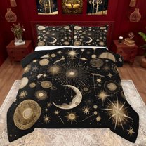 Feelyou Bohemian Starry Sky Queen Comforter Set for Kids, Black Gold Stars Bedding Sets, Psychedelic Sun Moon Reversible Bedding Comforter Set, Microfiber Bedroom Decor, 3-Piece