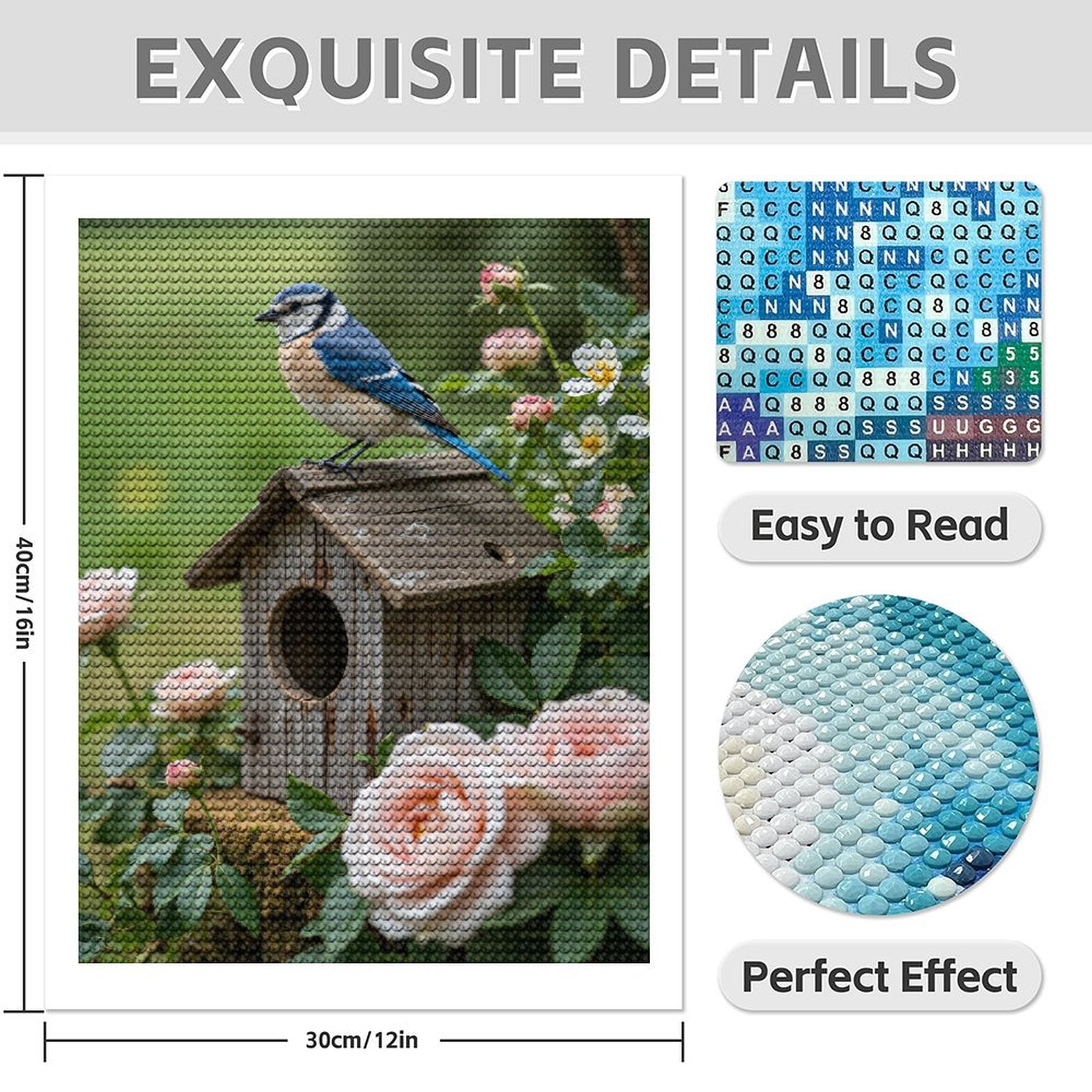 Diamond Art Kit for Adults, Blue Bird Wooden Birdhouse Roses Diamond Painting for Adults Beginners, 5D DIY Diamond Art Painting Kits, Colorful Diamond Painting Craft for Home Decor 12x16