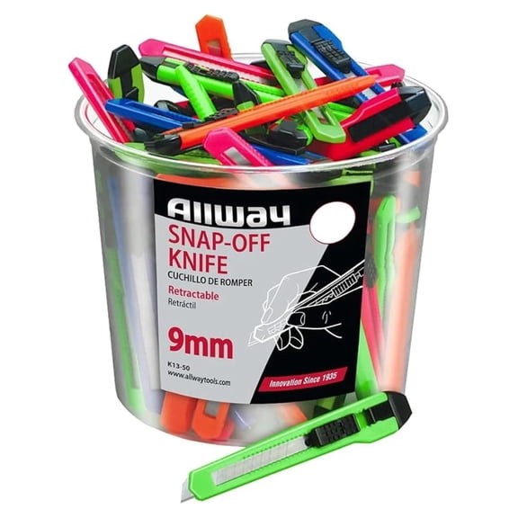 Tools 13-POINT 9MM Snap Off Knife, 50/Bucket, Neon, Bagged