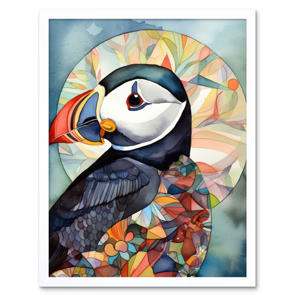 Puffin Bird Portrait Folk Art Art Print Framed Poster Wall Decor 12x16 inch