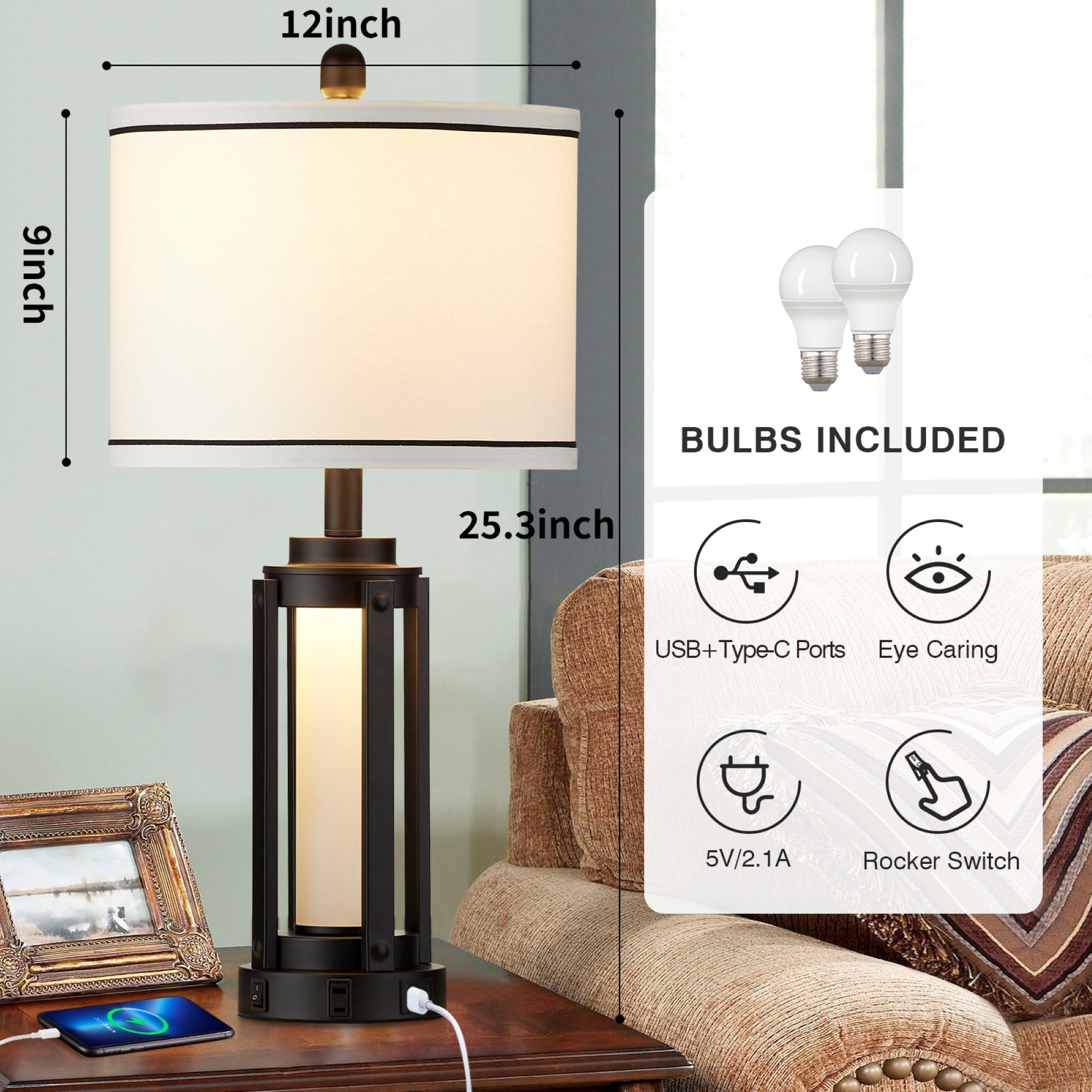 Cinkeda 25.5" Table Lamp Set of 2, Black Metal with Frosted Glass Column, USB-A and Type-C Ports with AC Outlet, Nightlight Function, Rotary Switch, E26 LED Bulb Included for Bedroom Living Room
