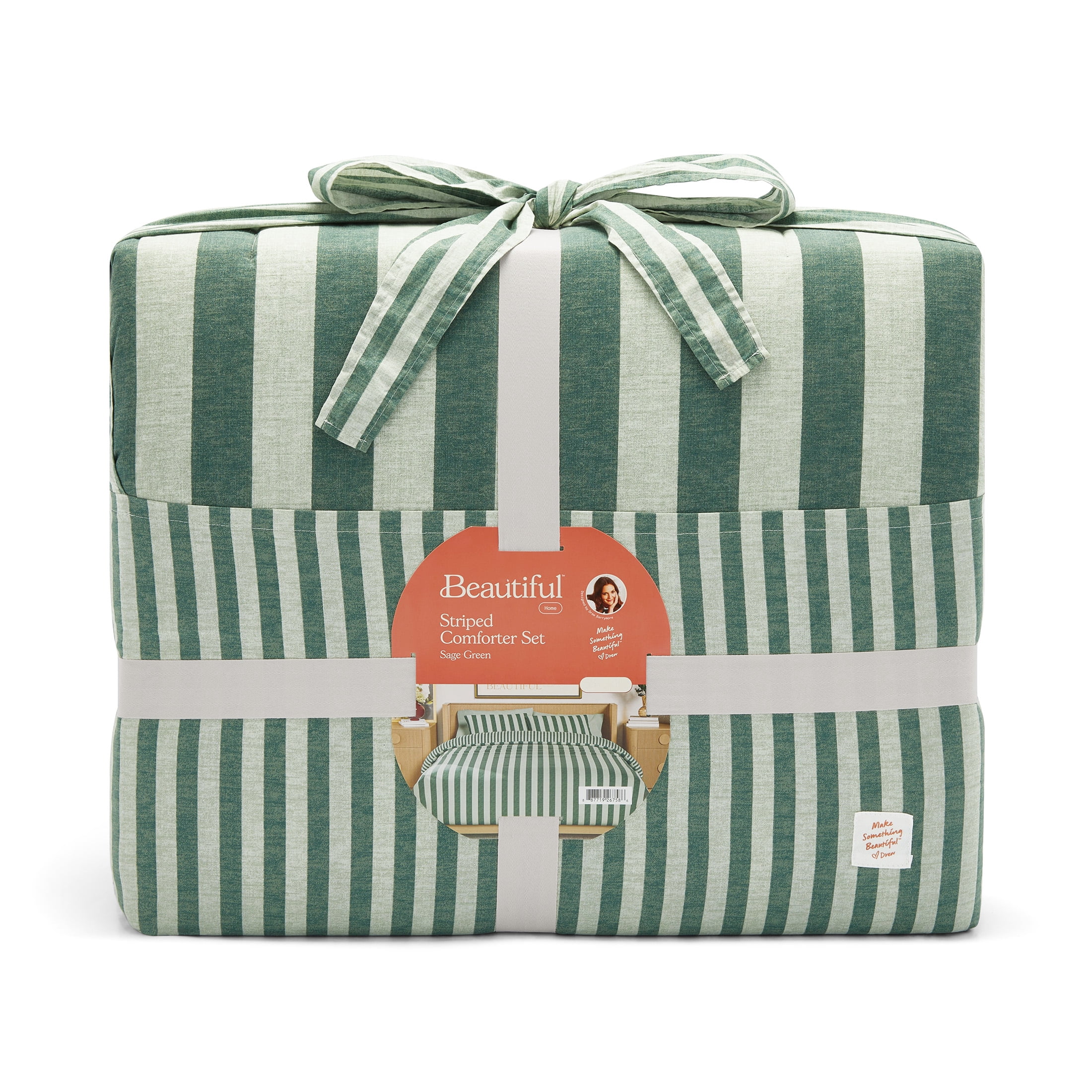 Beautiful 100% Cotton Striped 3-Piece Sage Green Comforter Set, King by Drew Barrymore