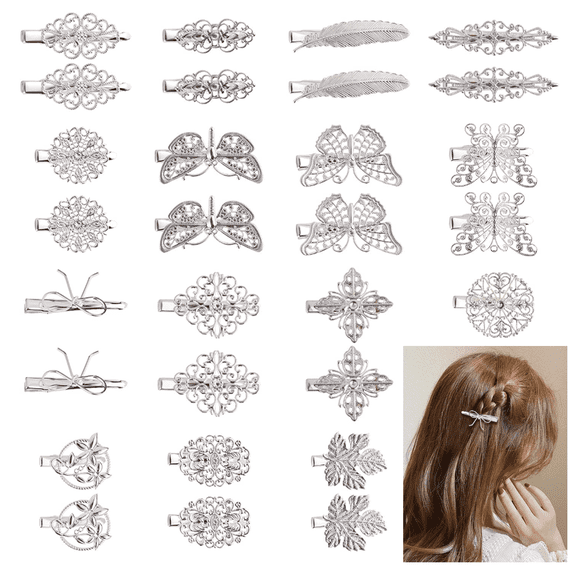 16 Pairs Small Retro Vintage Silver French Barrette Set, Decorative Metal Hair Clips & Spring Hairpins for Women, Stylish Hair Jewelry Accessories