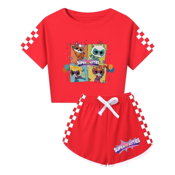 Girls T-Shirt Set Trendy SuperKitties Outfit – Kids 2-Piece Summer Top and Shorts – Cute and Comfy Style