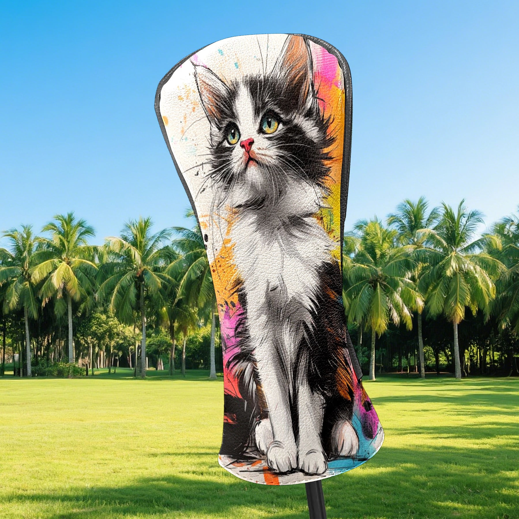 Golf Club Head Covers - Graffiti Cat Design, PU Leather, Waterproof, Fits Fairway Woods/Hybrid, Unisex, Fits Most Brands