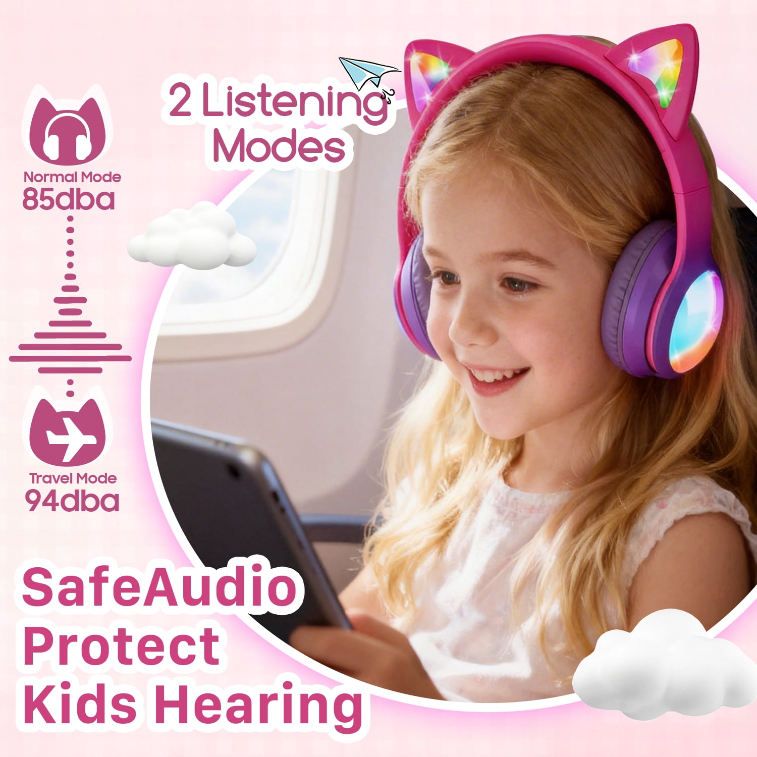 FosPower Kids Bluetooth Headphones with LED Cat Ears (85/94dB Volume Limit & 60H Play Time) Foldable Wireless/Wired Headset with 3.5mm Cable for School/Travel - Hot Pink/Purple