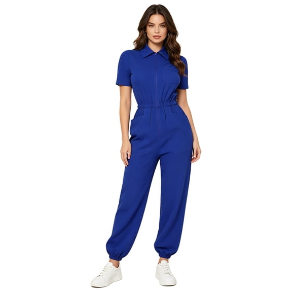 Eandarui Coveralls for Women One Piece Scrubs Rompers Short Sleeve Unitard Zipper Front Medical Uniform Blue M