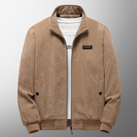 KeShDi Raincoat Men Casual Fashion Corduroy Stand Collar Zipper Long Sleeve Warm Jacket Khaki L