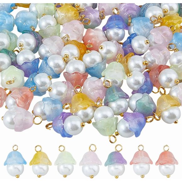 112Pcs 7 Colors Glass Flower Charms Bulk Lily of the Valley Flower Pendants Pearl Floral Charms with Brass Findings Bell Flowers Dangle Charm for Jewelry Making